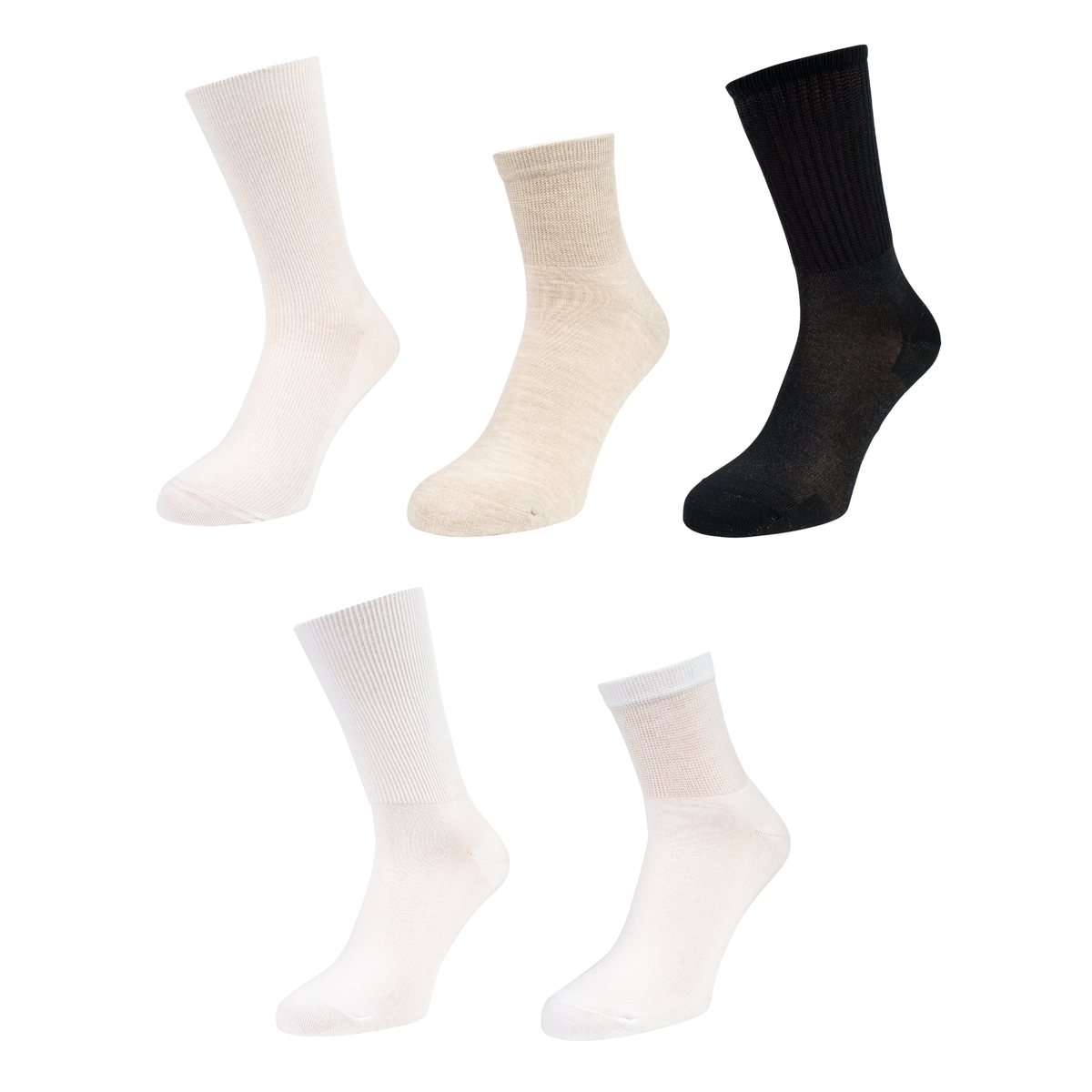 Five pairs of diabetic socks shown on invisible forms against a plain white background, including three white pairs, one cream pair, and one black pair.