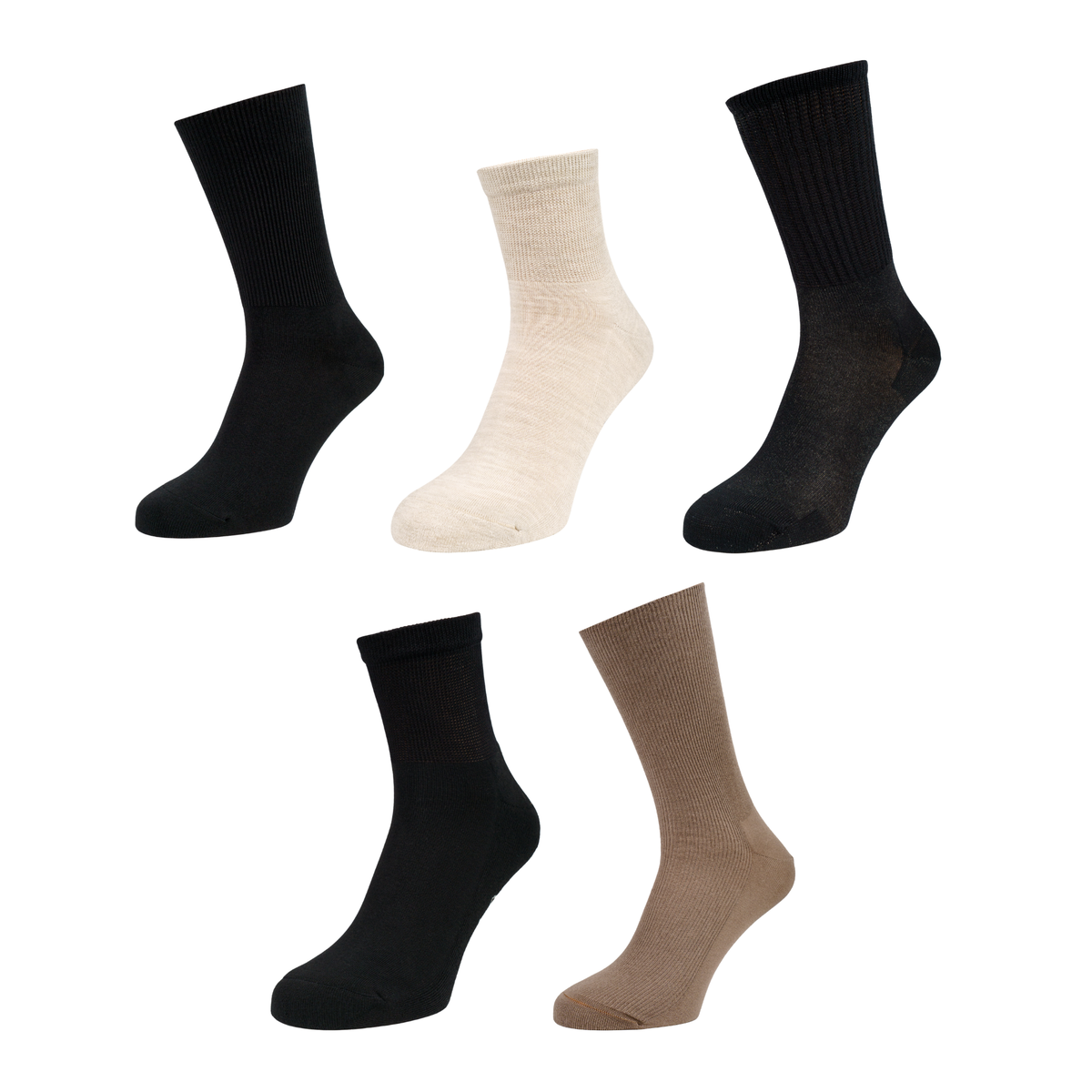 Five SOKLA diabetic socks shown in a 2x3 arrangement on a plain white background, including black, off-white/cream, and taupe-brown pairs.
